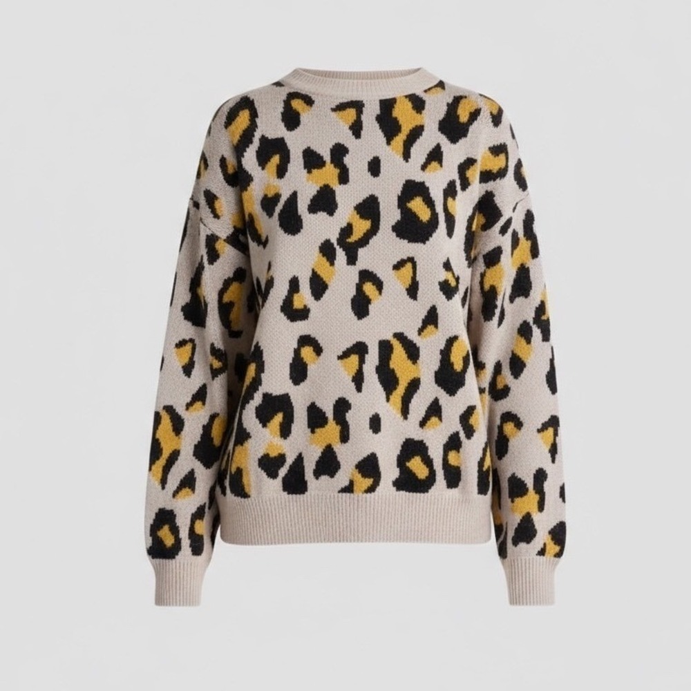 Leopard Print Crew Neck Long Sleeve Sweater Top Beige Yellow Black Size Medium